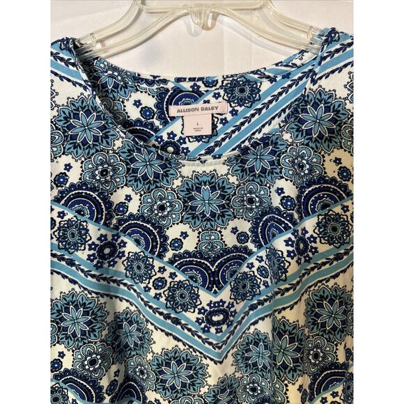 Allison Daley T-Shirts Women’s Floral Embellished Blue White 3/4 Sleeve Sz L - Picture 4 of 9